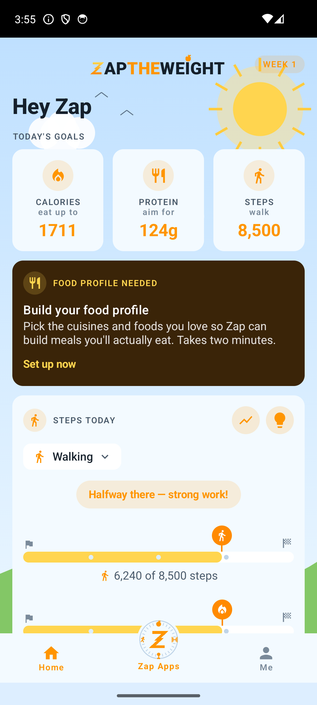 Zap The Weight home dashboard showing daily calorie, protein and step goals with a step progress timeline