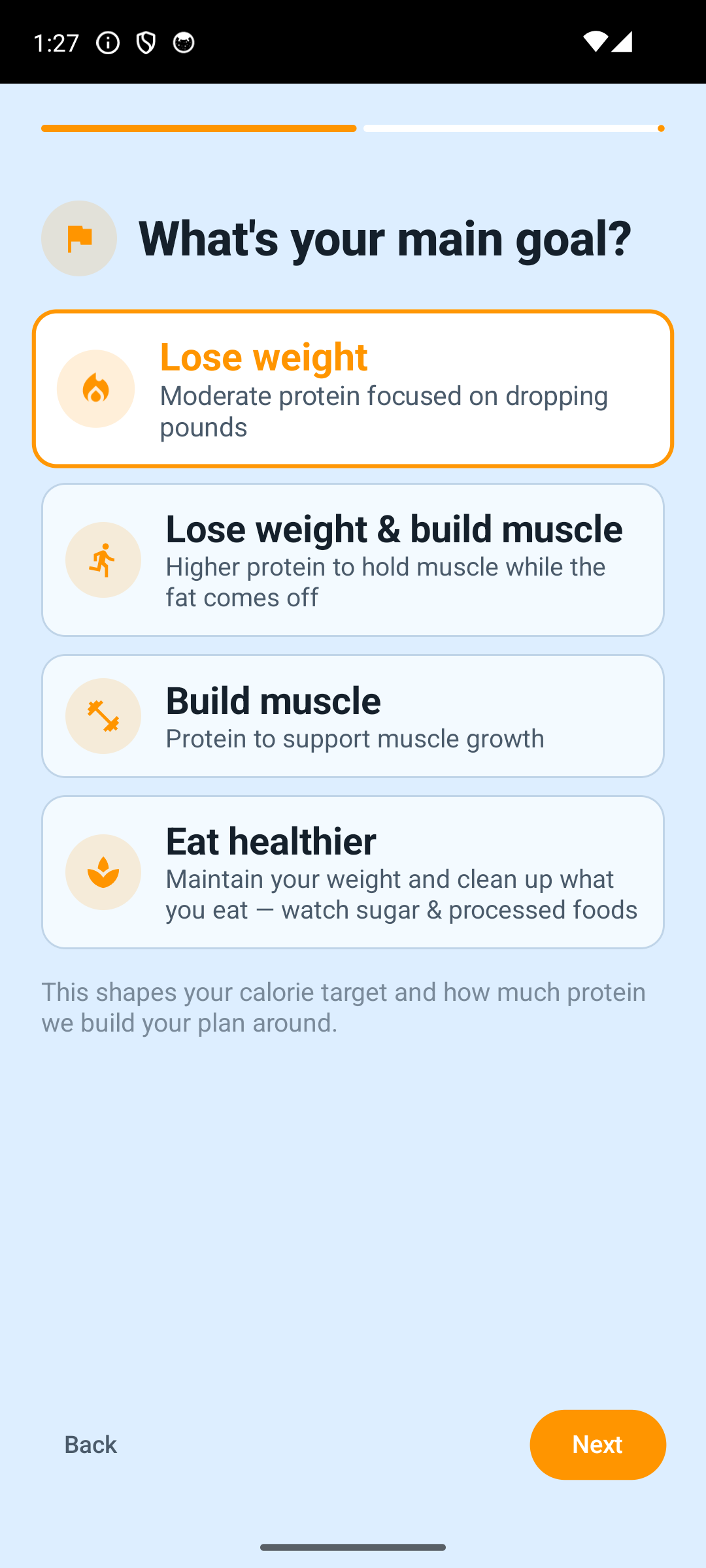Onboarding step asking what's your main goal with four options including Eat healthier