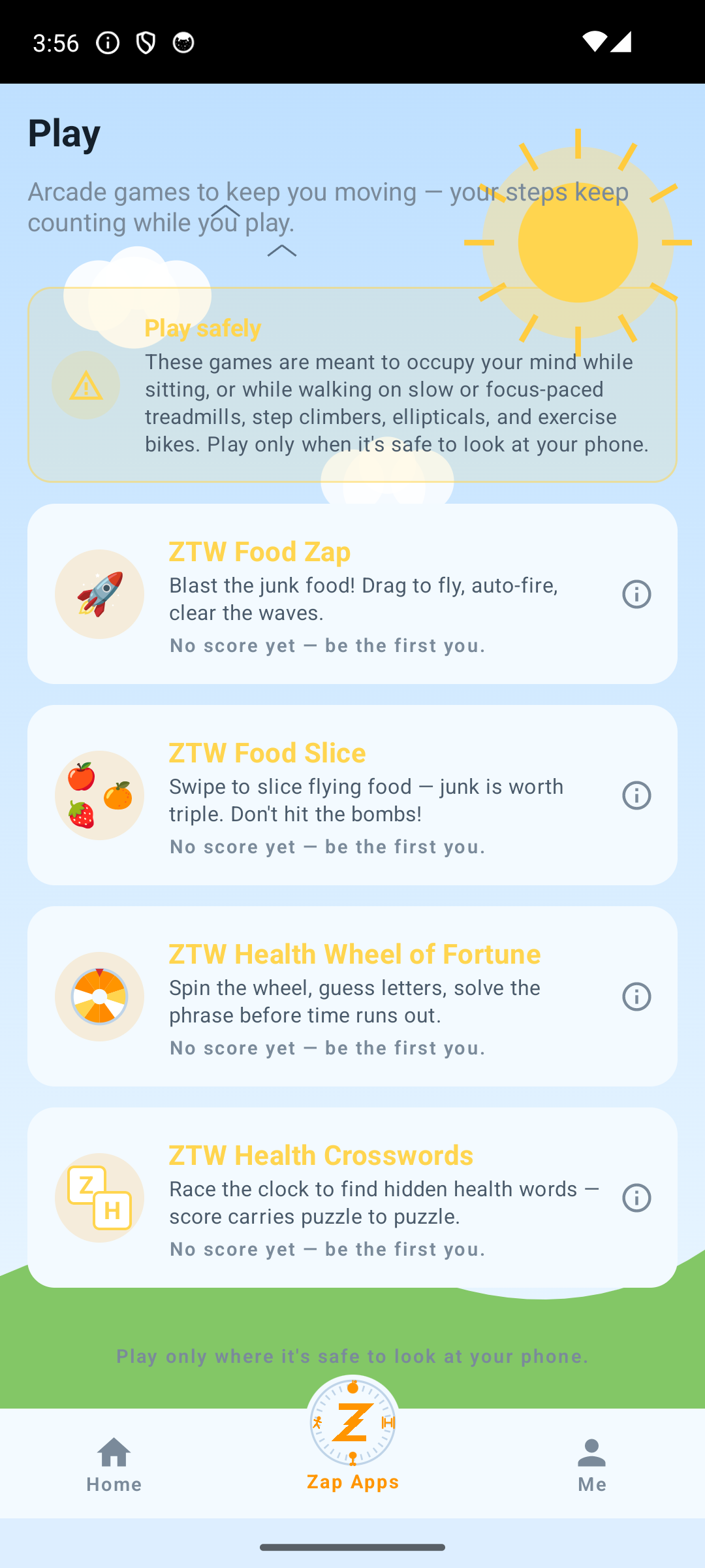 Play tab with four arcade games and a play-safely advisory card