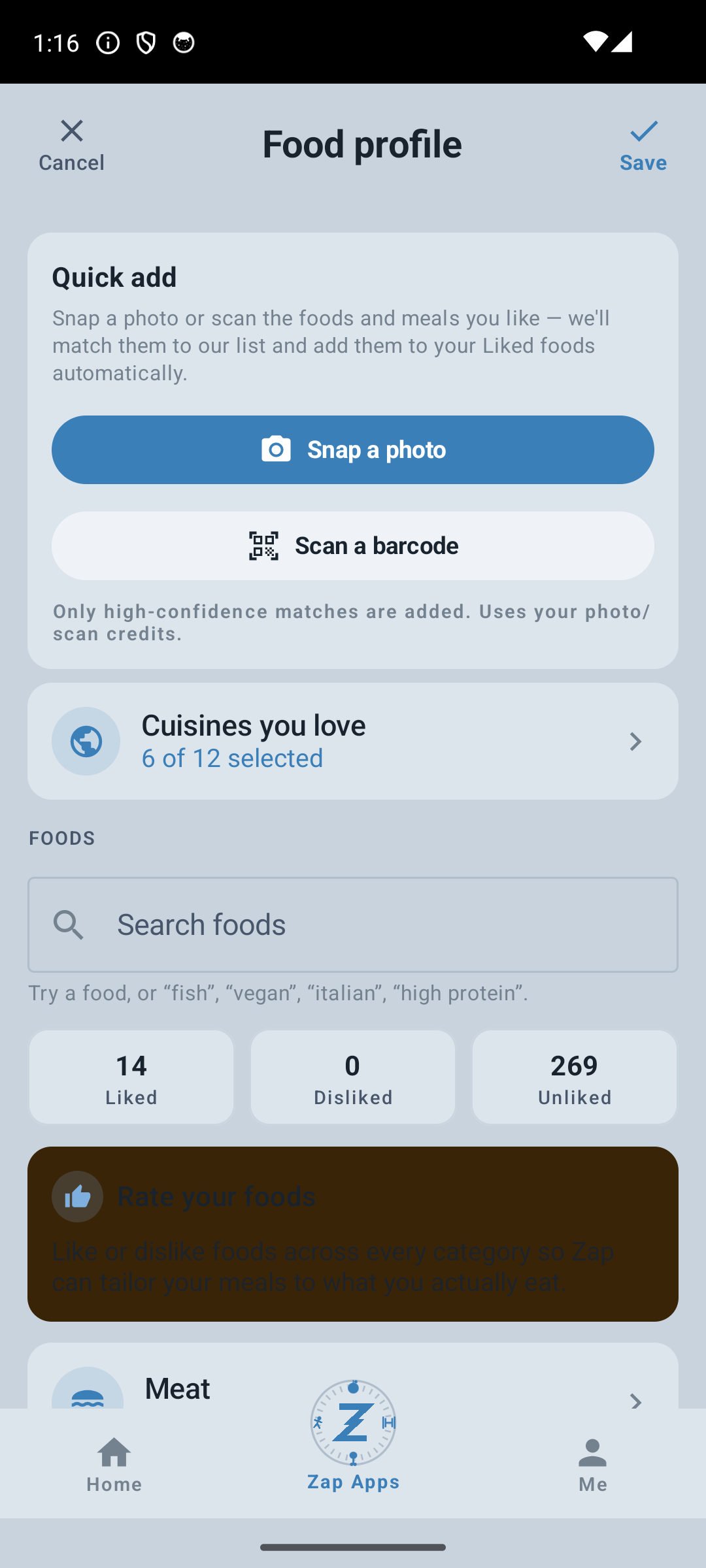 Food profile with quick add buttons to snap a photo or scan a barcode