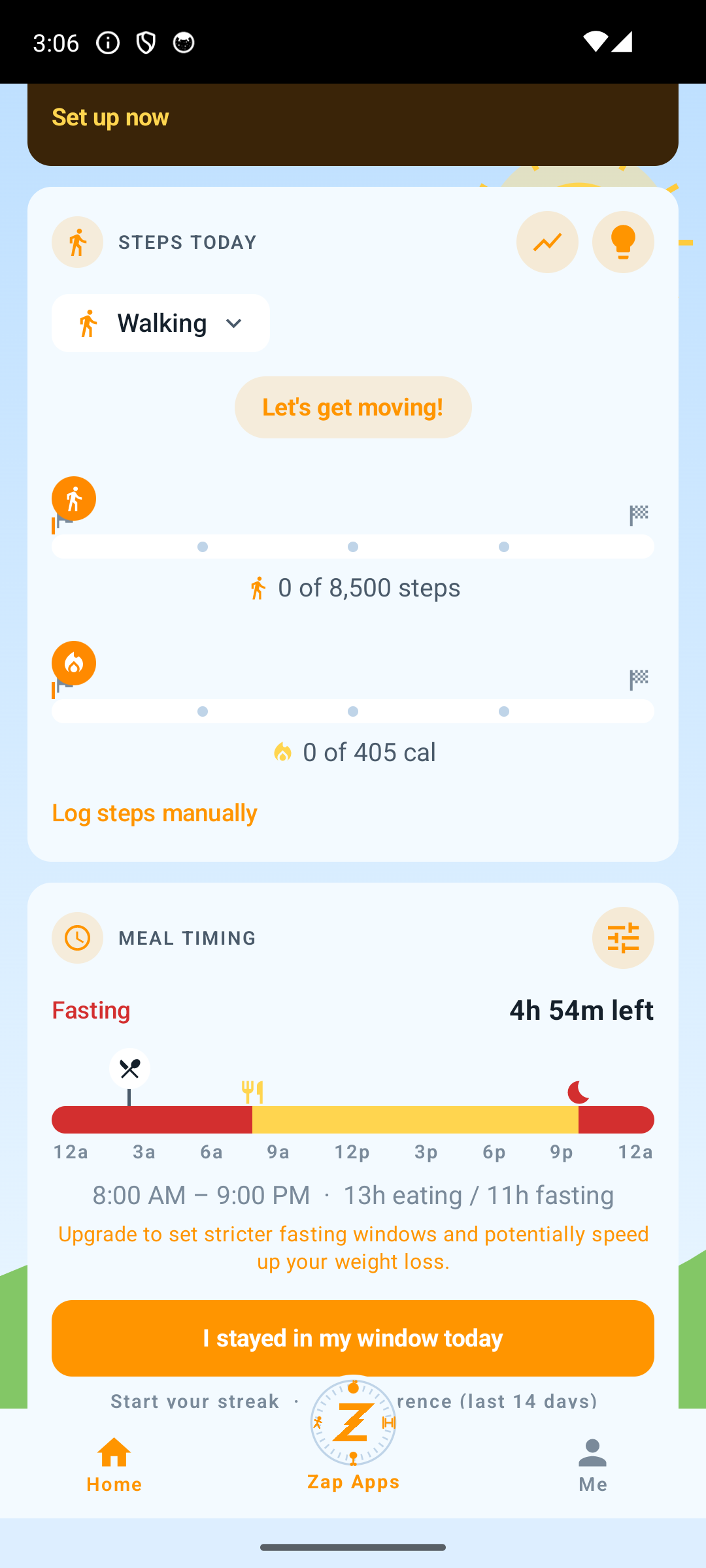 Home page showing steps and calories timelines plus the meal timing card with eating window and check-in button