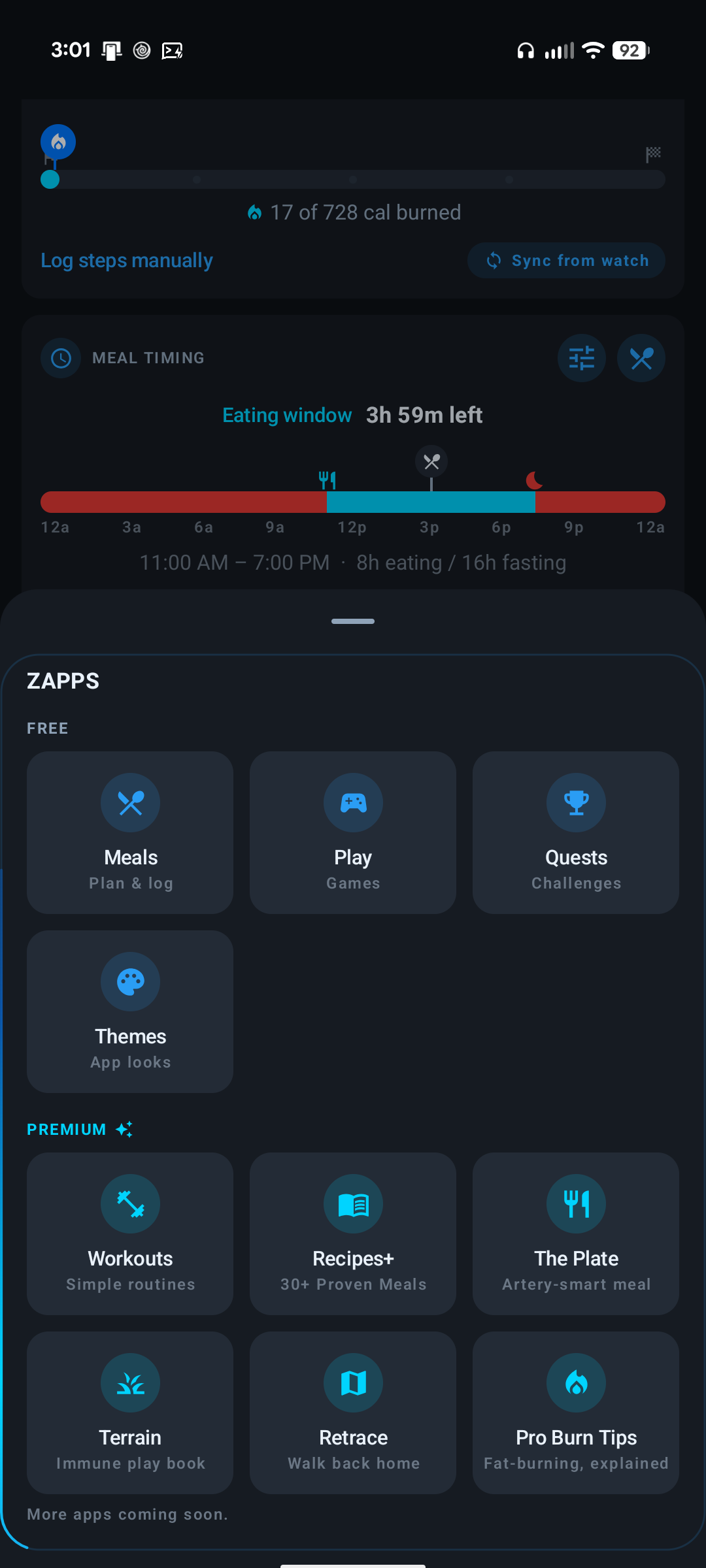 Zapps drawer showing free apps Meals, Play, Quests and Themes above premium apps Workouts, Recipes plus, The Plate, Terrain, Retrace and Pro Burn Tips