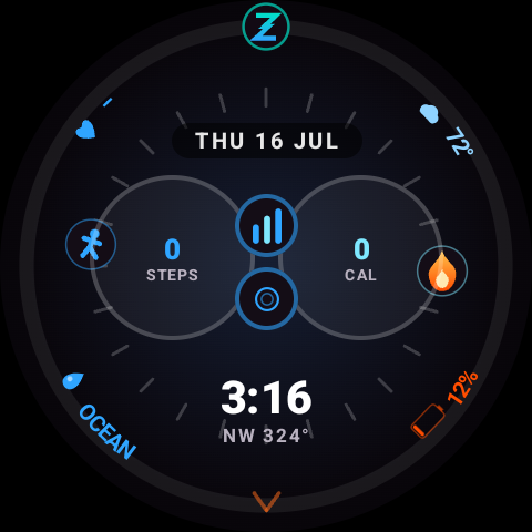 Zap The Weight watch face showing steps, calories, heart rate, weather and battery